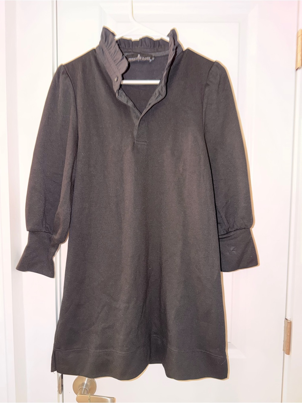 Pomander Place Black Ruffled Collar Long-Sleeve Polo Tunic